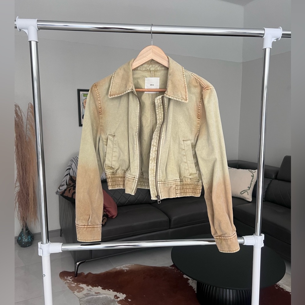 Mango washed beige tan Bomber jacket Sz S - Picture 2 of 9